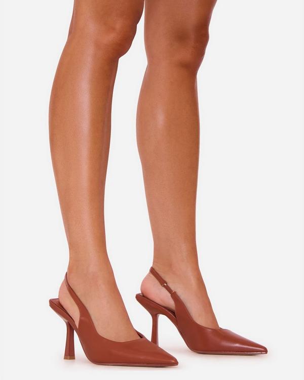 Carissa Pointed Toe Slingback Court Heel In Tan Brown Faux Leather