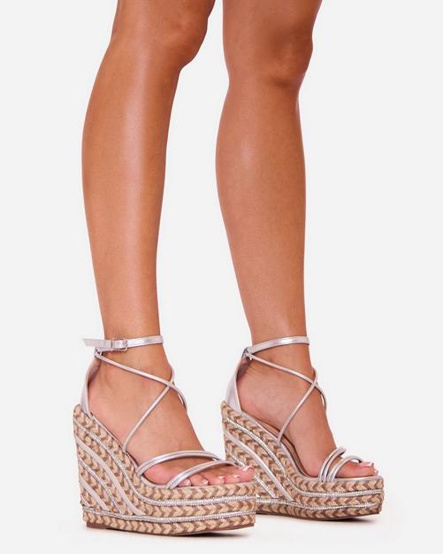Mila Strappy Diamante Detail Platform Woven Wedge Heel In Silver Faux Leather