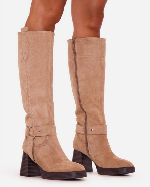 Wine Ring Strap Detail Block Heel Knee High Long Boot In Beige Faux Suede