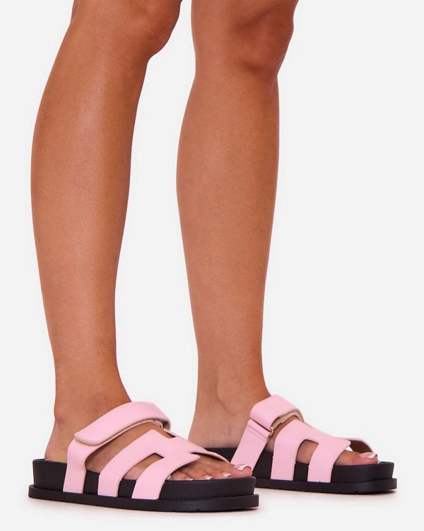 Martini Cut Out Velcro Strap Flat Slider Sandal In Pink Faux