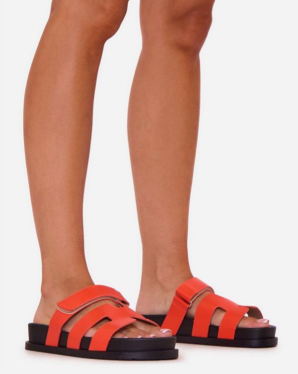 Martini Cut Out Velcro Strap Flat Slider Sandal In Orange Faux Leather