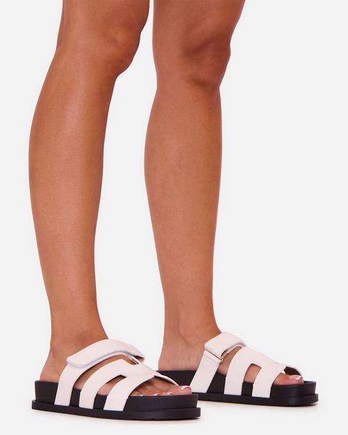 Martini Cut Out Velcro Strap Flat Slider Sandal In White Faux Leather