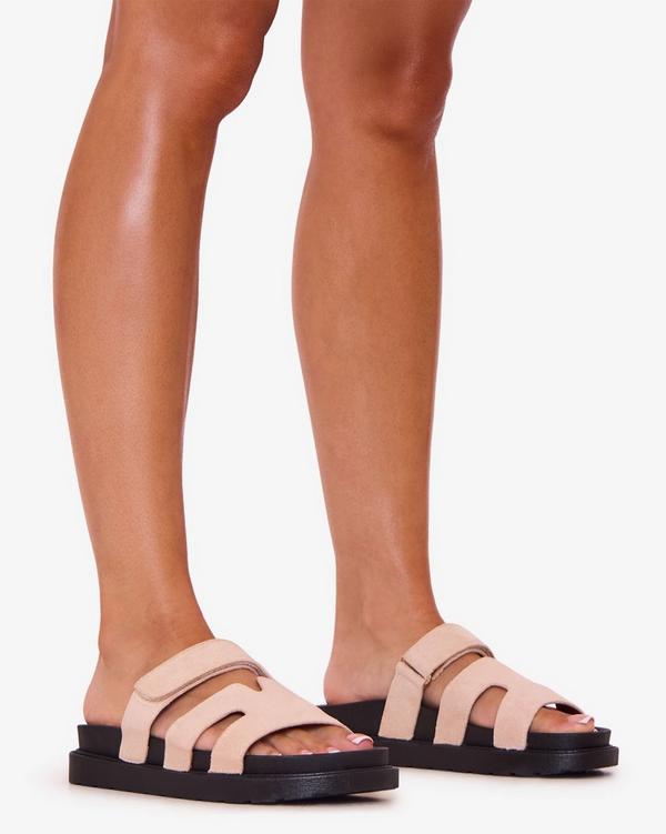 Valerie Gladiator Velcro Strap Chunky Sole Slider Sandal In Beige Faux Suede