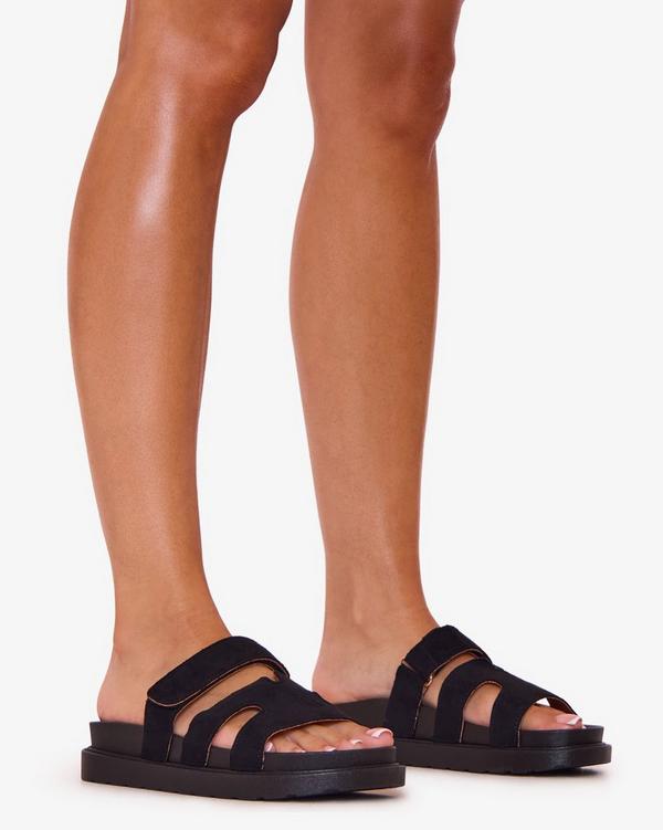 Valerie Gladiator Velcro Strap Chunky Sole Slider Sandal In Black Faux Suede