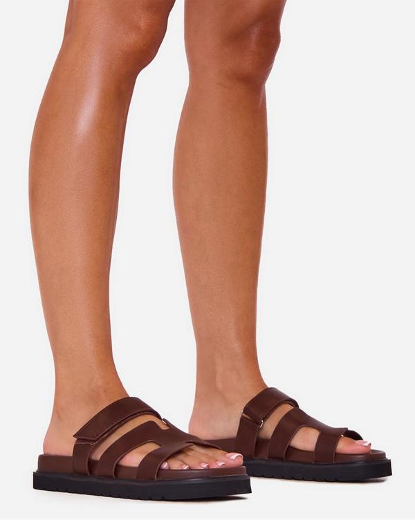 Valerie Gladiator Velcro Strap Chunky Sole Slider Sandal In Brown Faux Leather