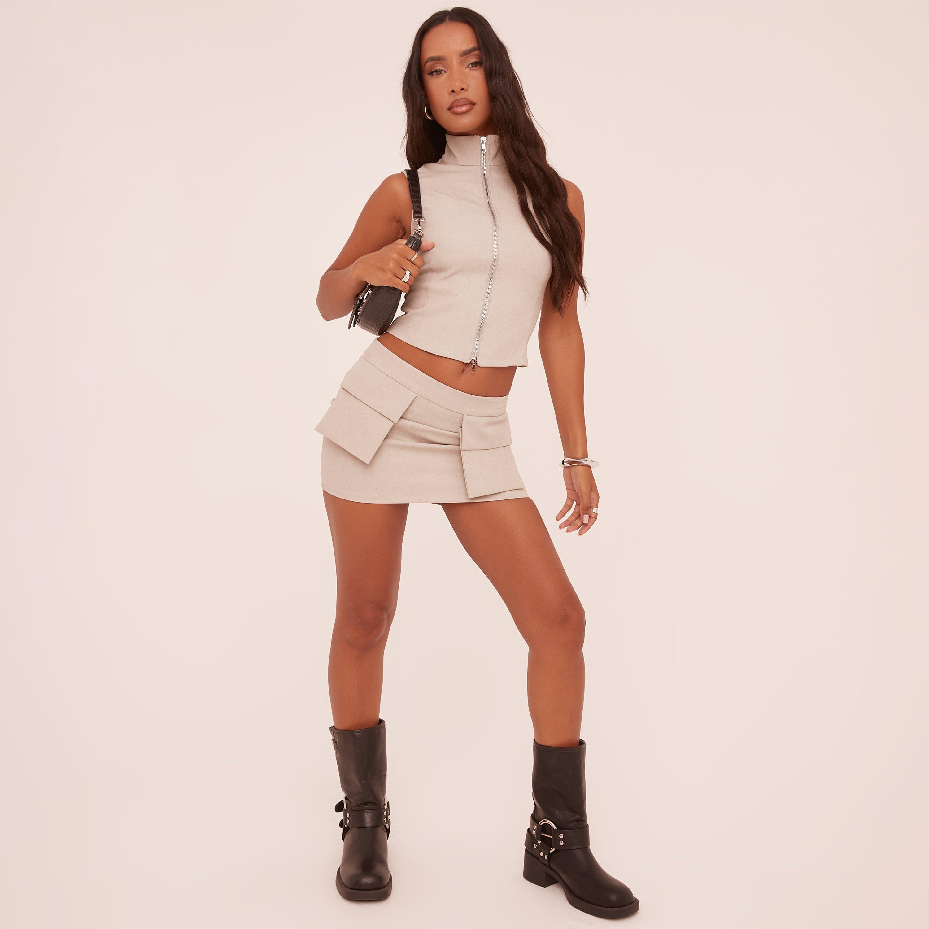 Low Rise Cargo Mini Bodycon Skirt In Stone, Women's Size UK 6