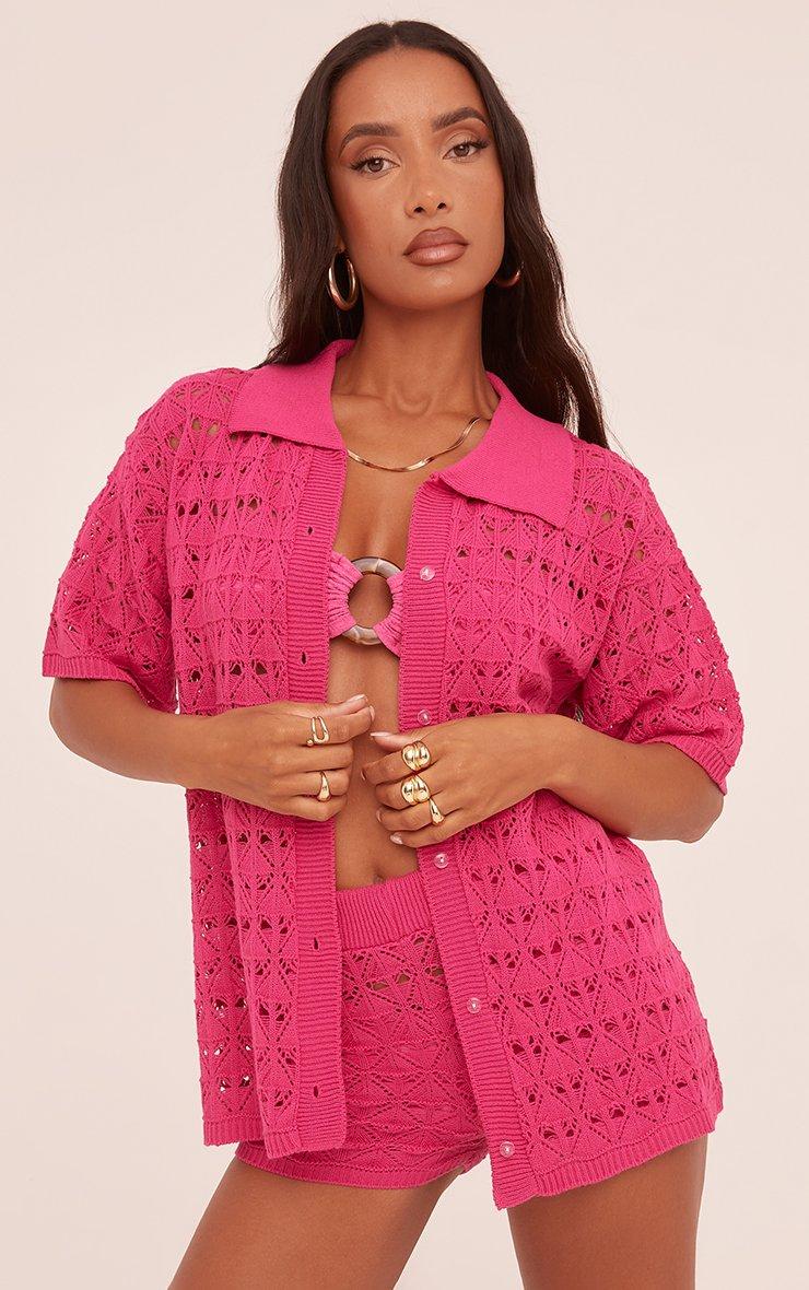 Short Sleeve Shirt In Hot Pink Geometric Crochet Knit | EGO US | EGO