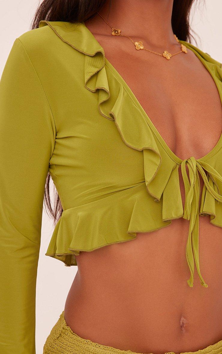 Long Sleeve Frill Detail Tie Front Crop Top In Green Slinky