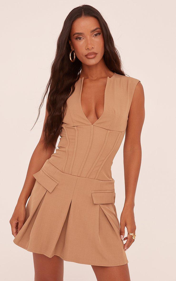 Plunge Neck Tailored Pleated Mini Dress In Camel | EGO US | EGO