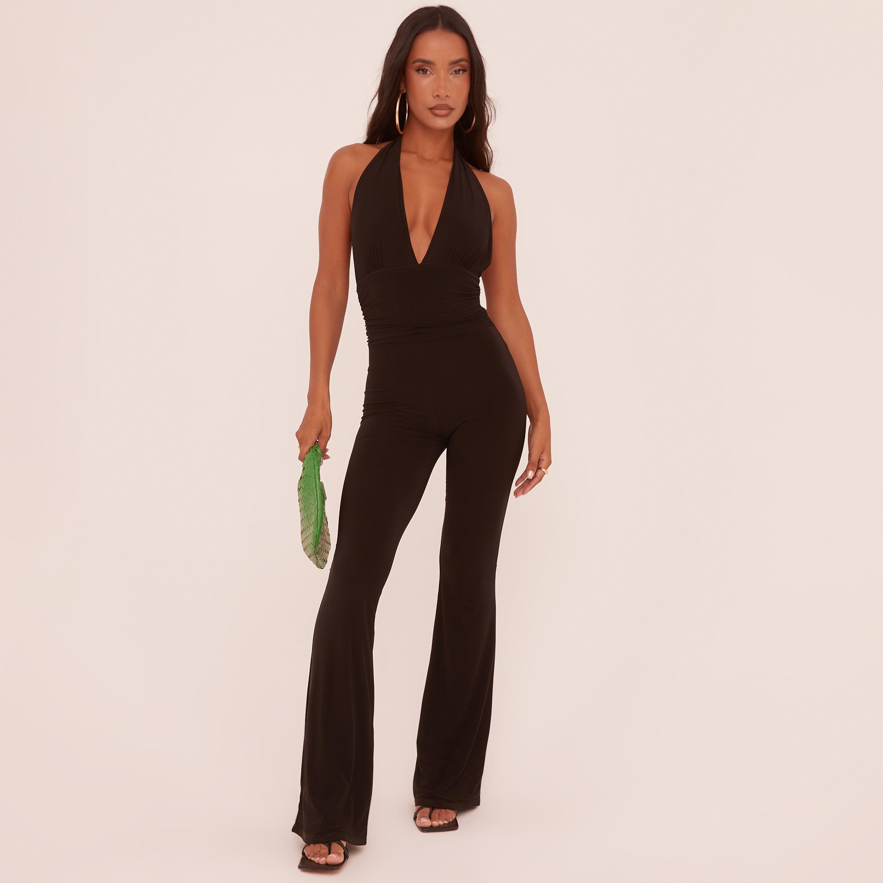 Image of Plunge Halterneck Open Back Jumpsuit In Black Slinky, Women's