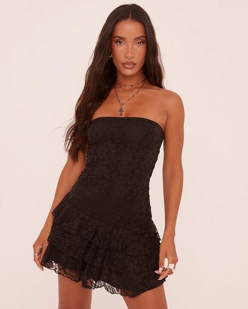 Strappy Lace Up Front Frill Detail Mini Bodycon Dress In Black Lace EGO