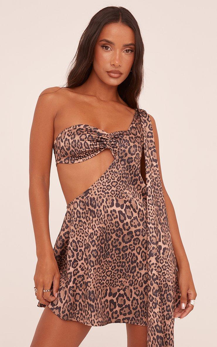 Asymmetric One Shoulder Bralet Detail Mini Bodycon Dress In Brown Leopard  Print Satin | EGO EU | EGO