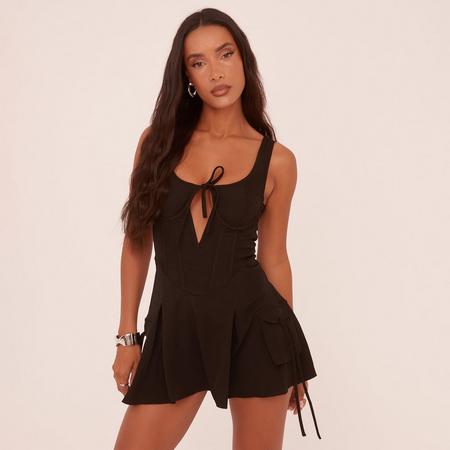 Scoop Neck Underwired Tie Front Pleated Cargo Mini Dress In Black Woven, Women's Size US