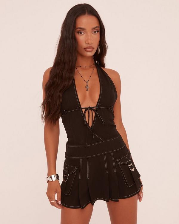 Plunge Tie Front Contrast Seam Mini Cargo Dress In Black Woven