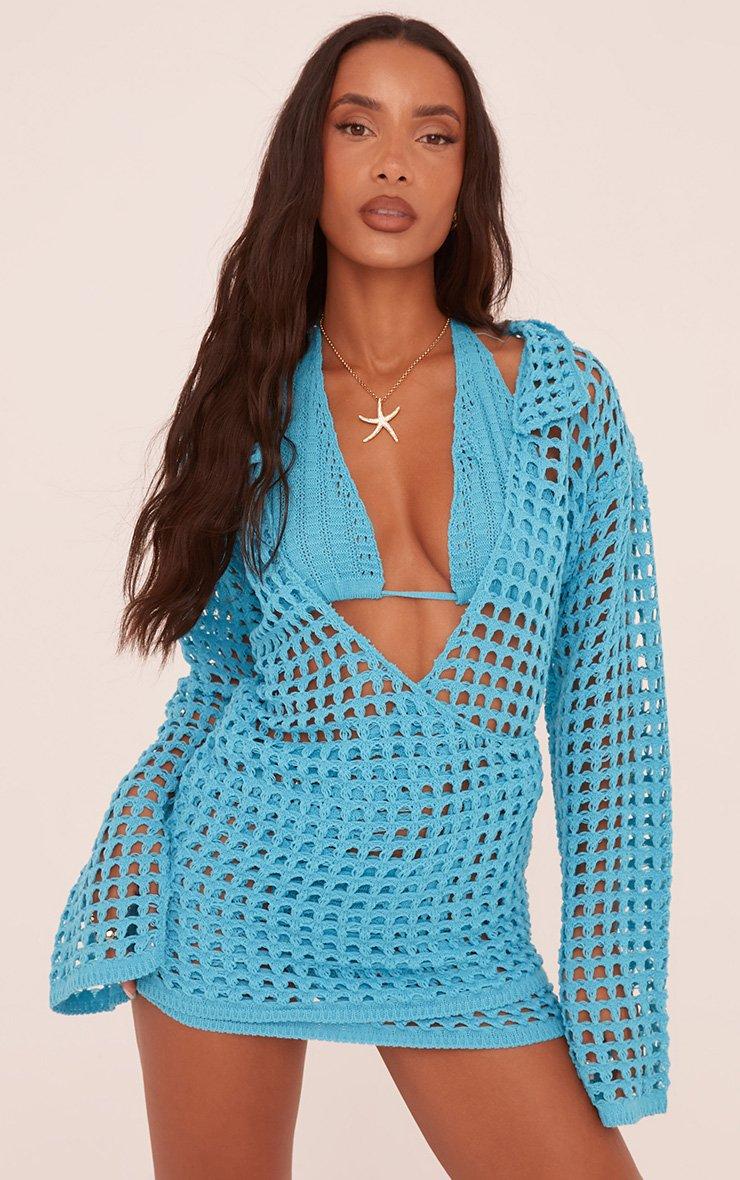 Long Sleeve Plunge Wrap Over Mini Dress In Bright Blue Crochet Knit | EGO  US | EGO