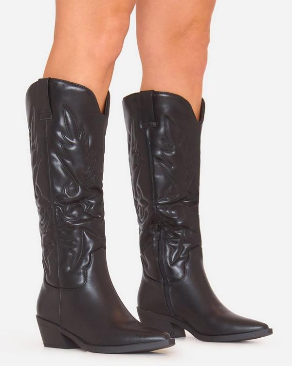 Anna Embroidered Detail Knee High Long Western Cowboy Boot In Black Faux Leather
