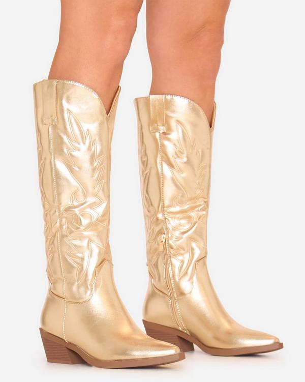 Anna Embroidered Detail Knee High Long Western Cowboy Boot In Gold Faux Leather