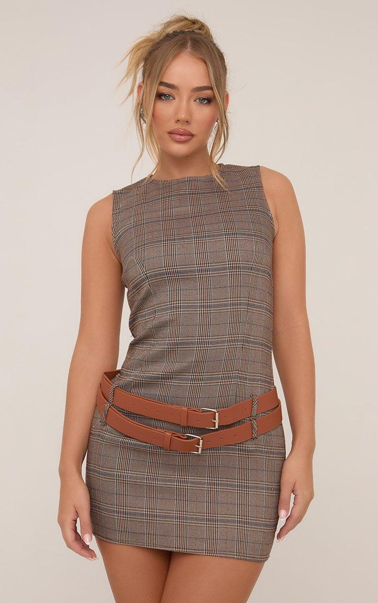 Sleeveless Double Belt Mini Bodycon Dress In Brown Check Print