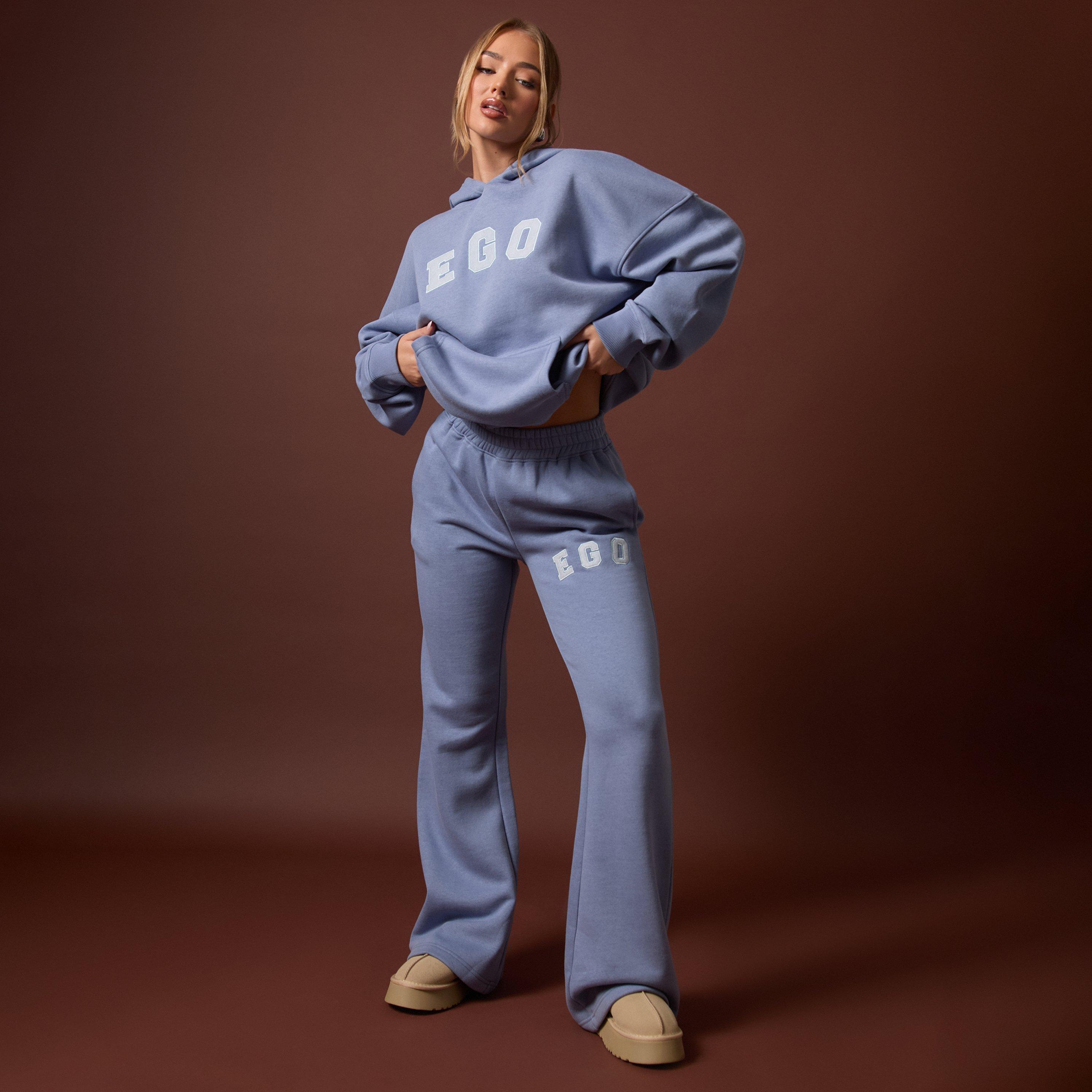 High Waist Ego Graphic Slogan Flared Leg Joggers In Dusky Blue, Women's Size UK 12