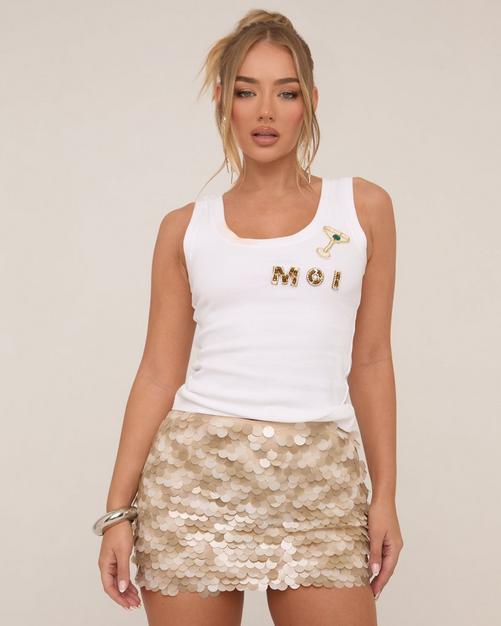 Scoop Neck Embellished Moi Graphic Vest Top In White Rib