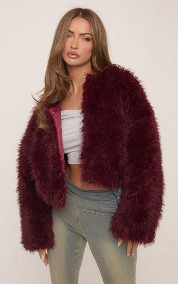 Oversized Collar Shaggy Coat In Burgundy Faux Fur | EGO Shoes Oversized Collar Shaggy Coat In Burgundy Faux Fur | EGO Shoes