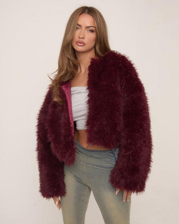 Collarless Cropped Jacket In Burgundy Faux Fur