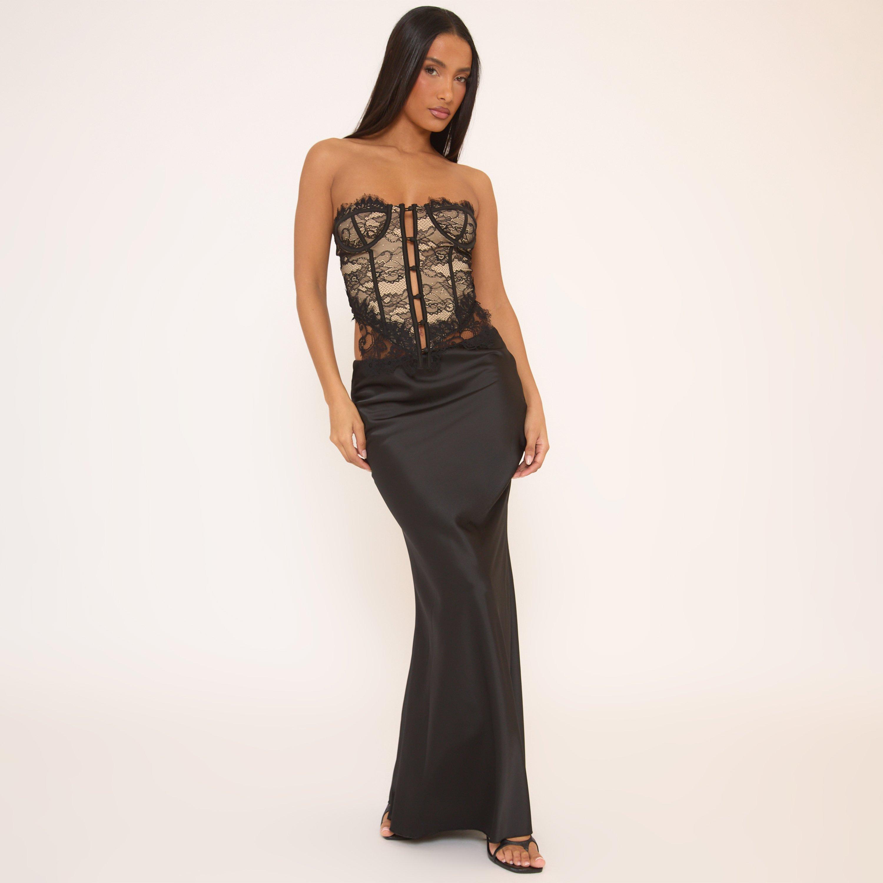 Mid Rise Bias Maxi Skirt In Black Satin, Women’s