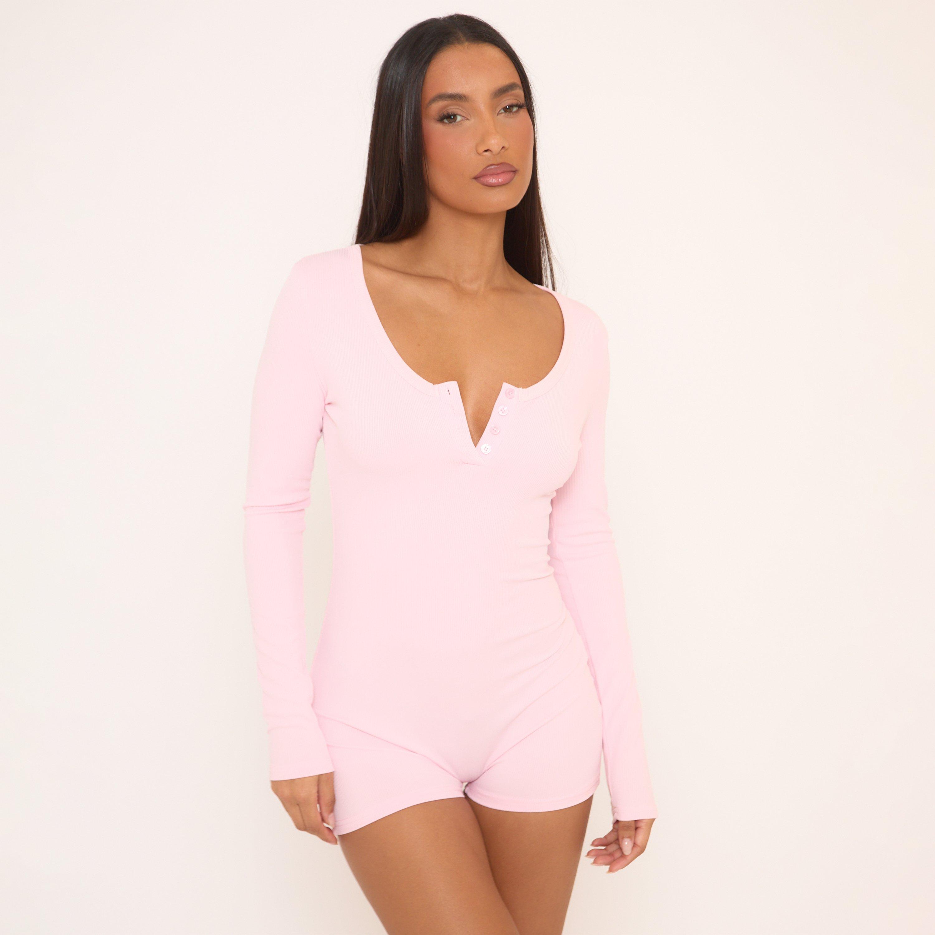 Long Sleeve Button Front Romper In Pink, Women’s