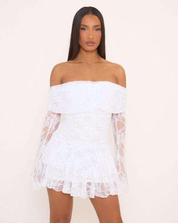 Long Sleeve Bardot Frill Hem Mini Dress In White Lace EGO