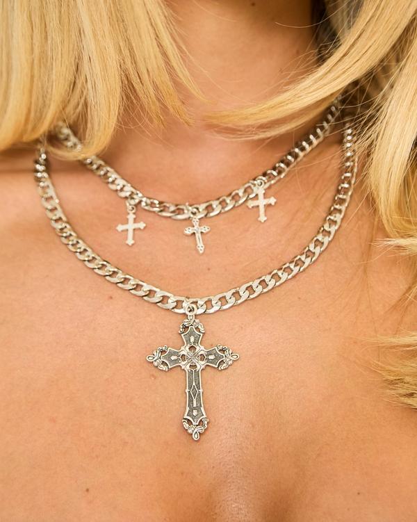 Crucifix Pendant Multi Droplet Chain Detail Necklace In Silver