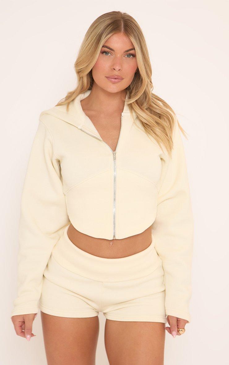 Long Balloon Sleeve Zip Up Front Cropped Hoodie In Cream | EGO US
