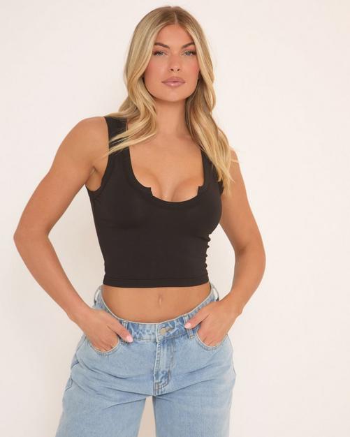 Sleeveless Notch Front Vest Top In Black