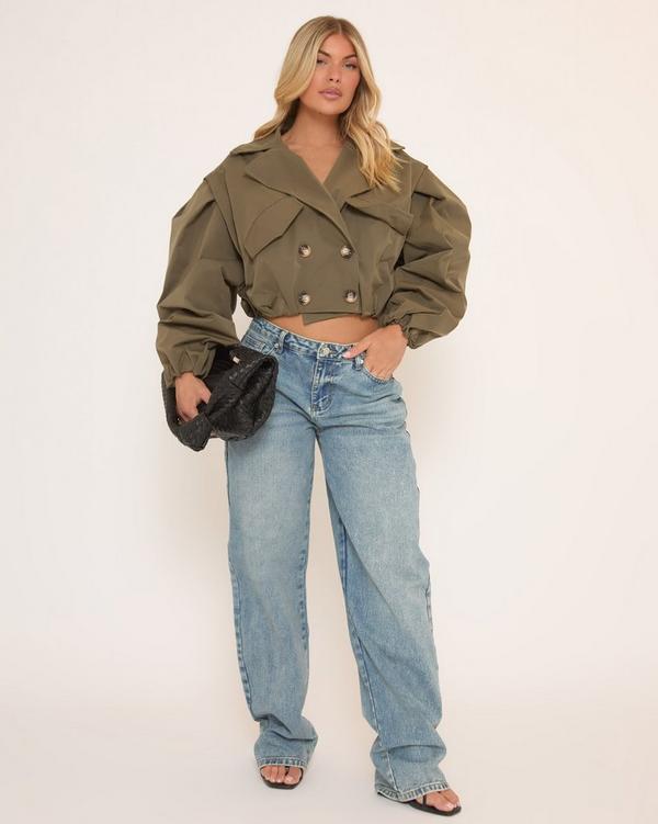 Long Sleeve Cinched Waist Cropped Trench Coat In Khaki Green