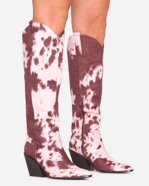 Move-On Pointed Toe Western Cowboy Boot In Brown Cow Print Faux Fur
