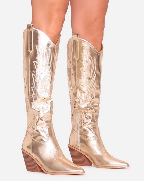 Misty Embroidered Laser Detail Pointed Toe Knee High Western Cowboy Boot In Gold Faux Leather