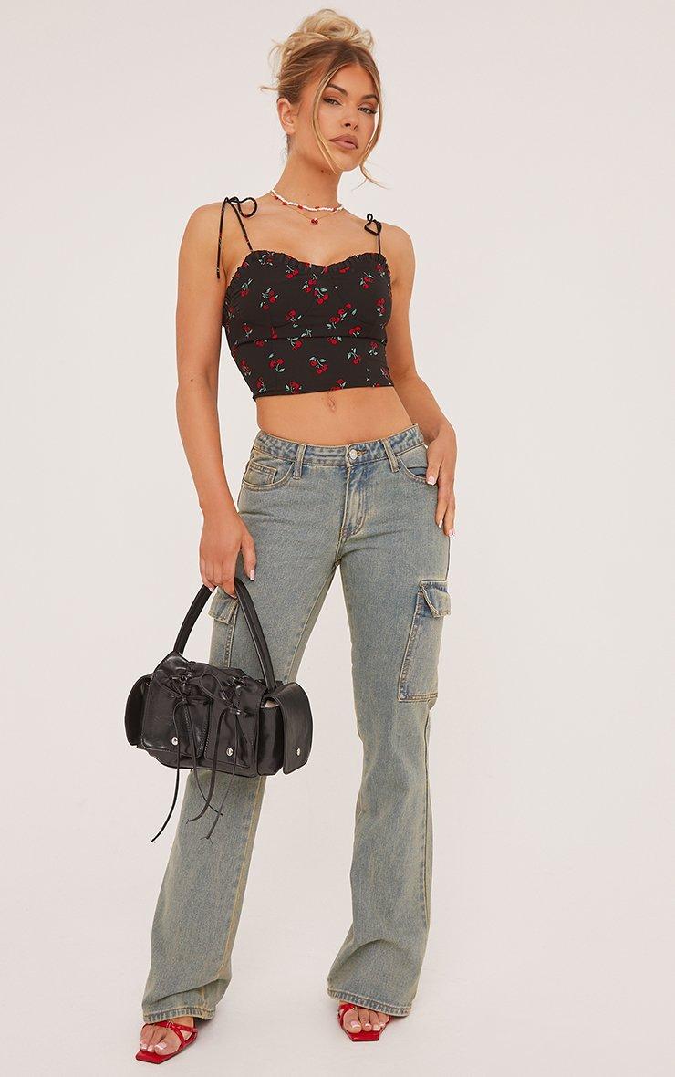 Tie Straps Frill Edge Cherry Print Cami Top In Black | EGO US | EGO