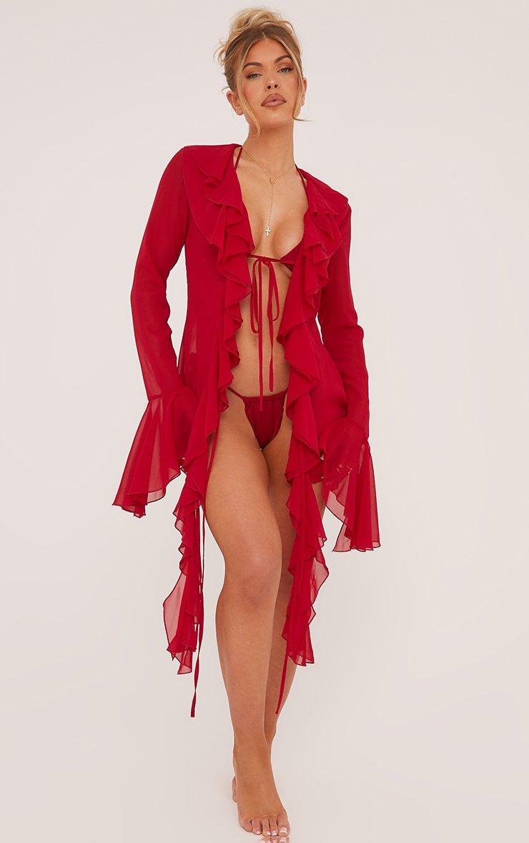 Long Flared Sleeve Frill Detail Tie Front Beach Cover Up Top In Red Mesh |  EGO UK | EGO