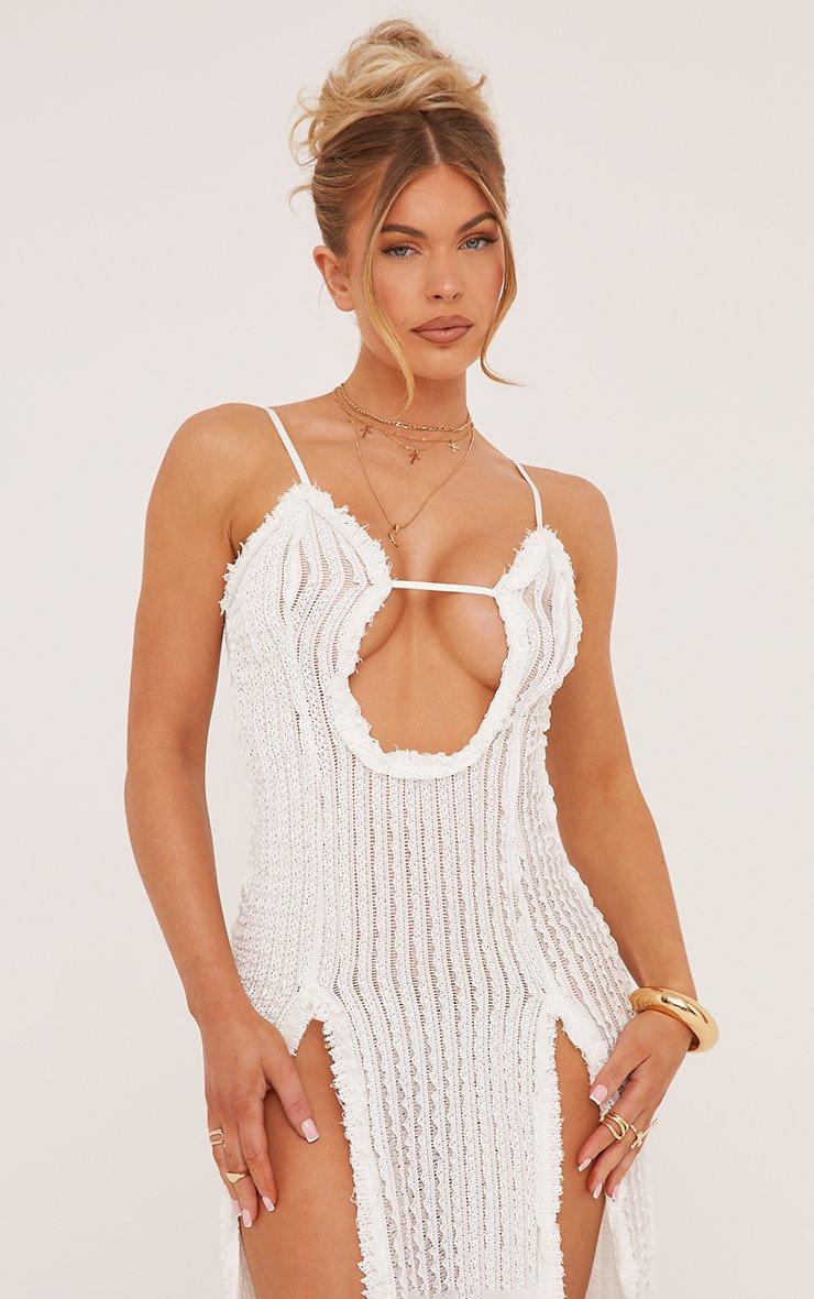 Strappy Plunge Double Split Leg Maxi Dress In Cream Texture | EGO CA | EGO