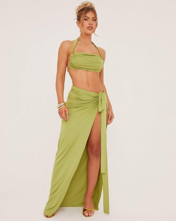 Halterneck Crop Top And Tie Side Maxi Skirt Co Ord Set In Olive Green Slinky EGO