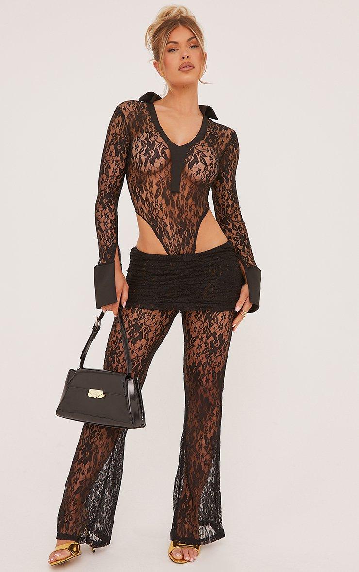 Long Sleeve High Leg Bodysuit And Low Rise Fold Over Waistband Straight Leg  Trousers Co-Ord Set In Black Lace | EGO EU | EGO