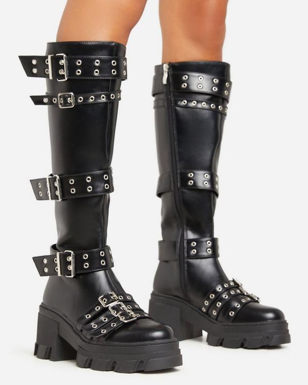 Blade Chunky Sole Multi Buckle Strap Detail Knee High Long Biker Boot In Black Faux Leather