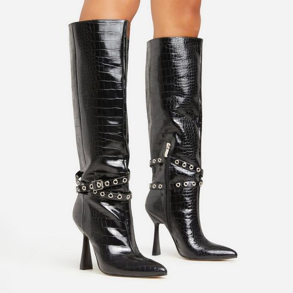 Black croc print discount knee high boots