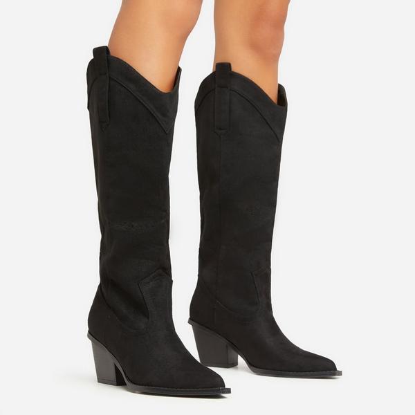 El-Paso Pointed Toe Block Heel Western Cowboy Knee High Long Boot In Black  Faux Suede
