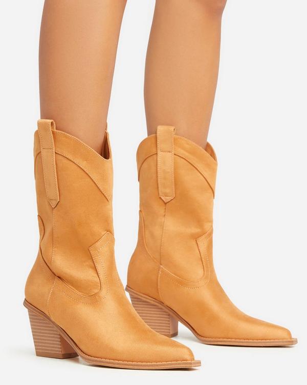 Houston Pointed Toe Block Heel Western Cowboy Ankle Boot In Tan