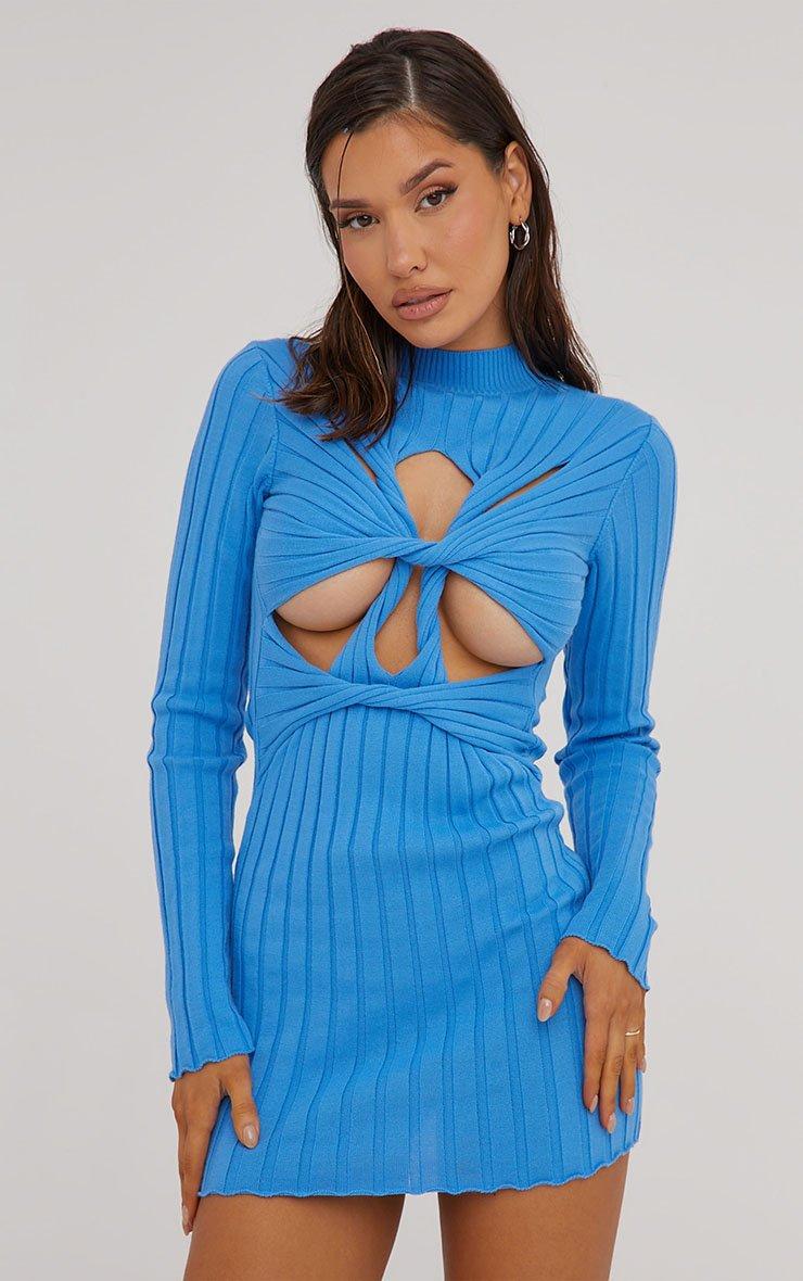 Long Sleeve Twist Cut Out Detail Mini Dress In Blue Ribbed Knit | EGO CA |  EGO