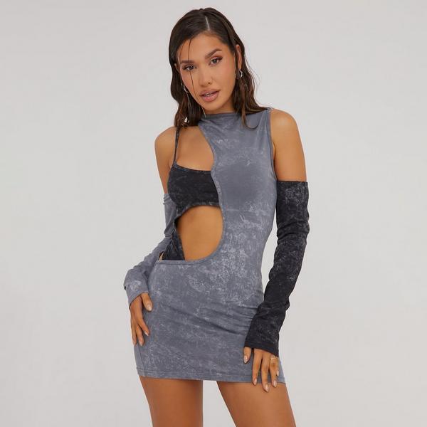 Plunge Cut Out Side Multi Buckle Belt Detail Mini Dress In Silver Sequin