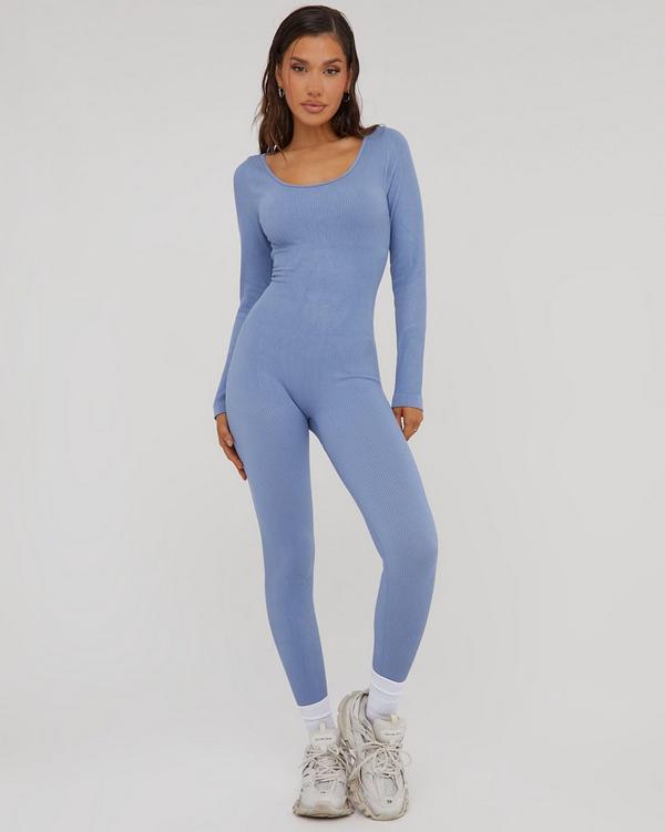 Grey And Black Long Sleeve Bodycon Seamless Jumpsuit For Women