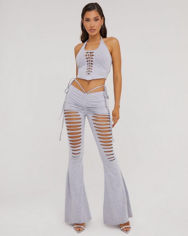 Grey Slinky Low Rise Flared Pants