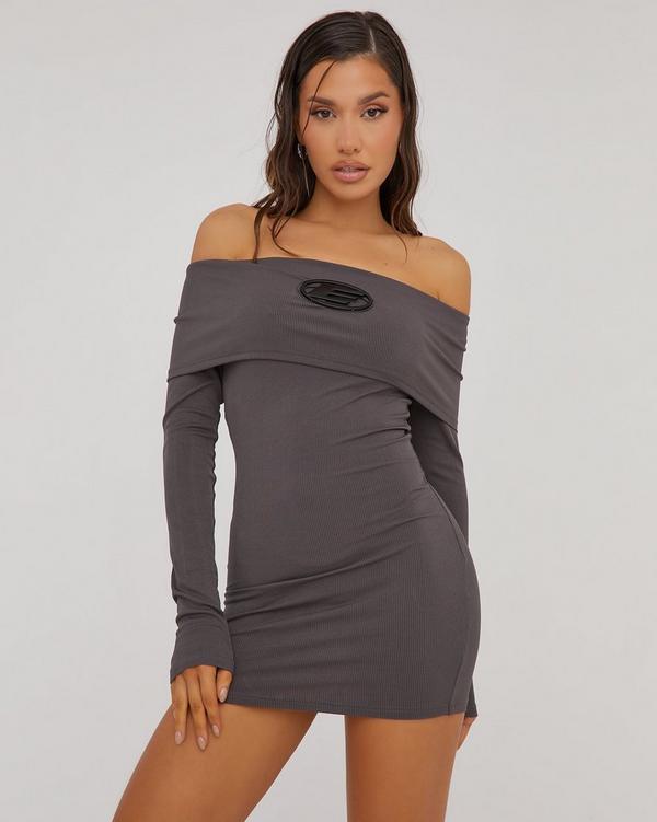 Charcoal grey ribbed long shop sleeve bardot ruched bodycon dress