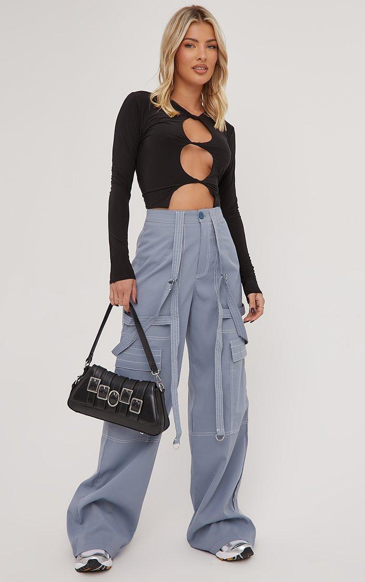 High Waist Multi Pocket Strap Detail Wide Leg Cargo Trousers In